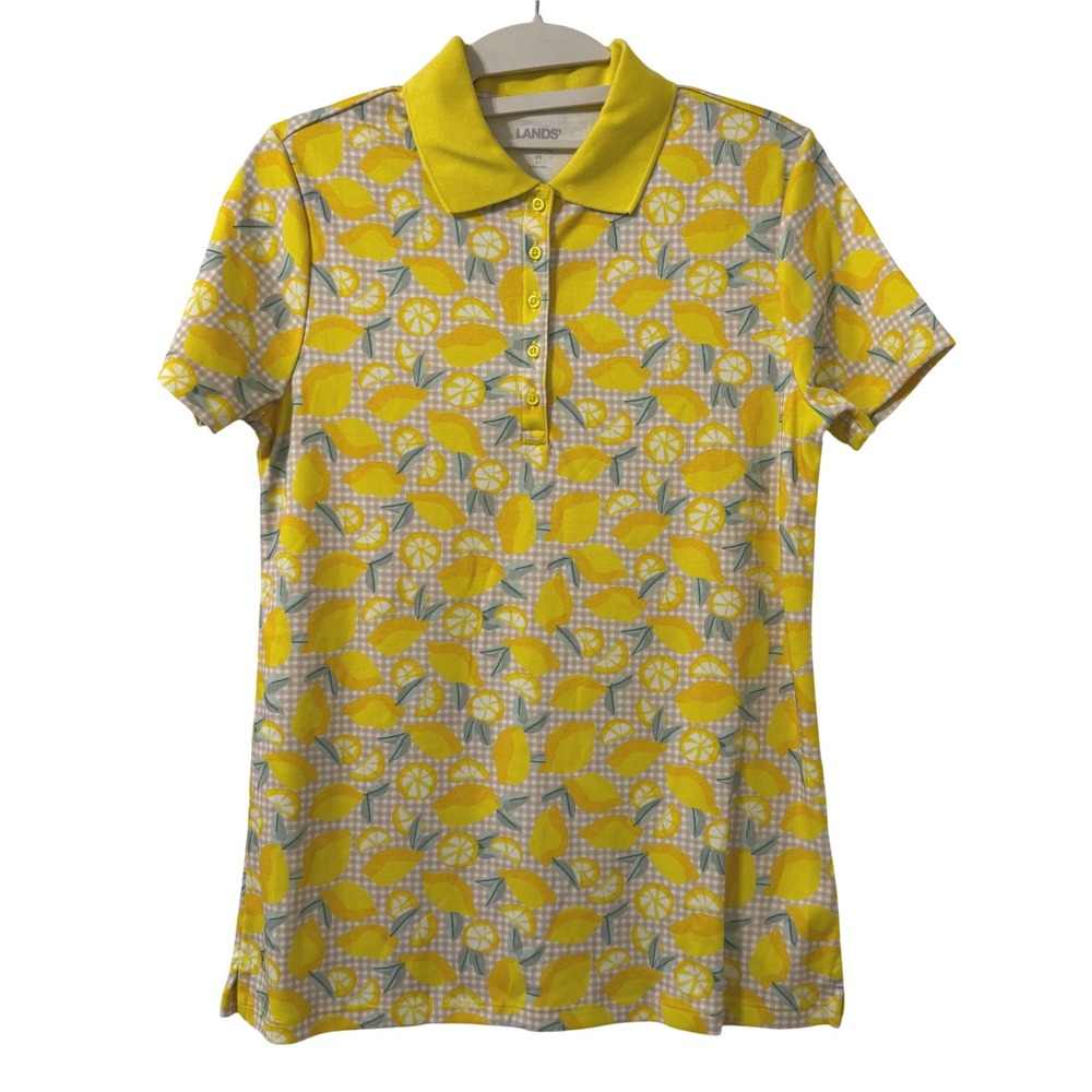 Lands End Womens XS Yellow Gingham‎ Lemon Print Short Sleeve Cotton Polo Shirt